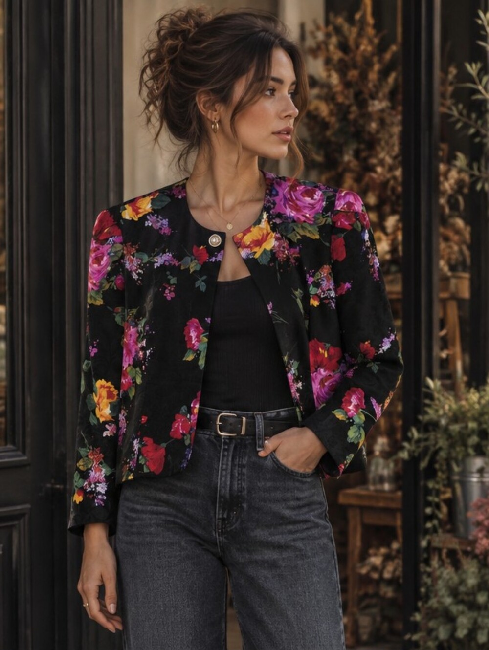 Vintage 90s Silk Jacket Whimsigoth Maggy London Floral Cropped Blazer 80s M/L